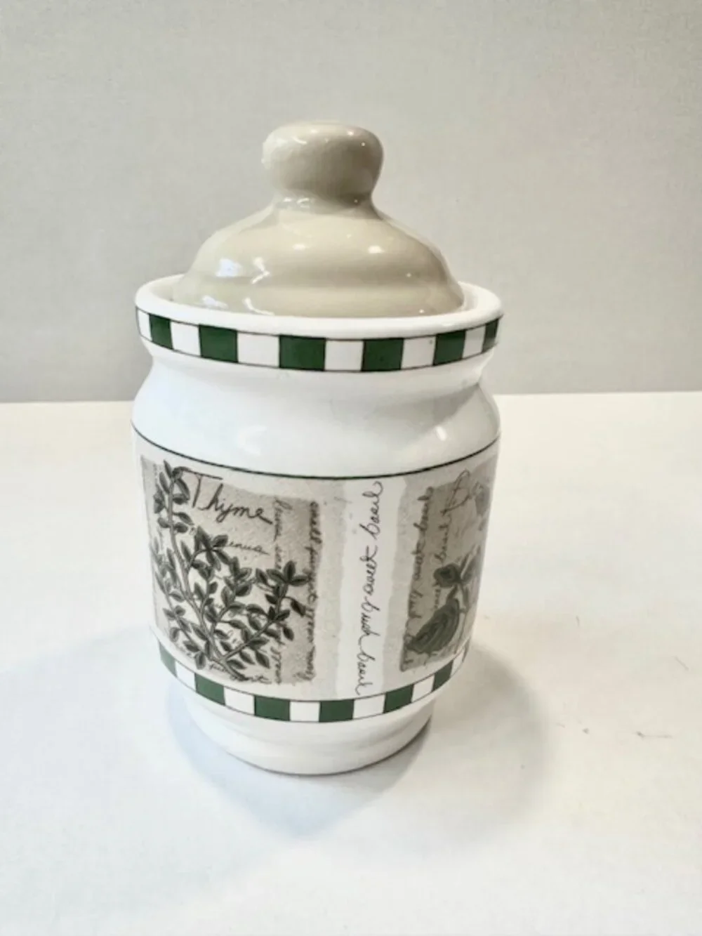 Vintage Savory Tyme Ceramic Canister with Lid Culinary Herb Theme White 6.5in